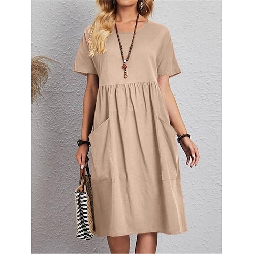 

Women's Casual Dress Cotton Linen Dress Midi Dress Linen / Cotton Blend Basic Classic Outdoor Daily Vacation Crew Neck Pocket Short Sleeve Summer Spring 2023 Regular Fit Pink Navy Blue Brown Plain S