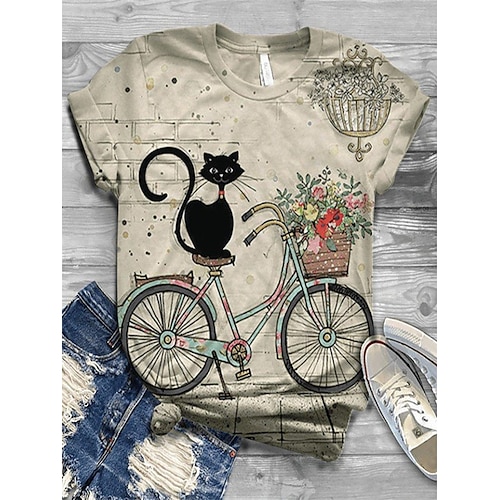 

Women's T shirt Tee Floral Cat Daily Weekend Print Blue Short Sleeve Basic Round Neck