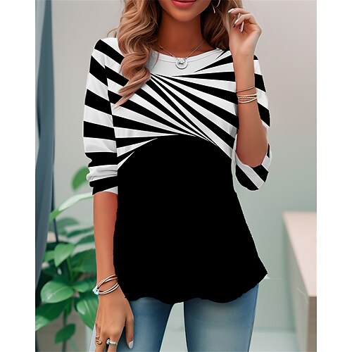 

Women's T shirt Tee Black Striped Print Long Sleeve Daily Weekend Daily Basic Round Neck Regular Fit Painting Fall Winter