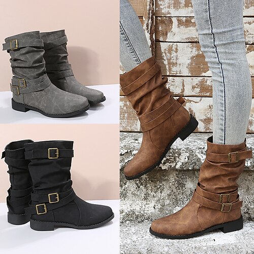 

Women's Boots Combat Boots Slouchy Boots Plus Size Office Daily Mid Calf Boots Winter Chunky Heel Pointed Toe Vintage Fashion Comfort PU Loafer Solid Color Black Light Grey Khaki