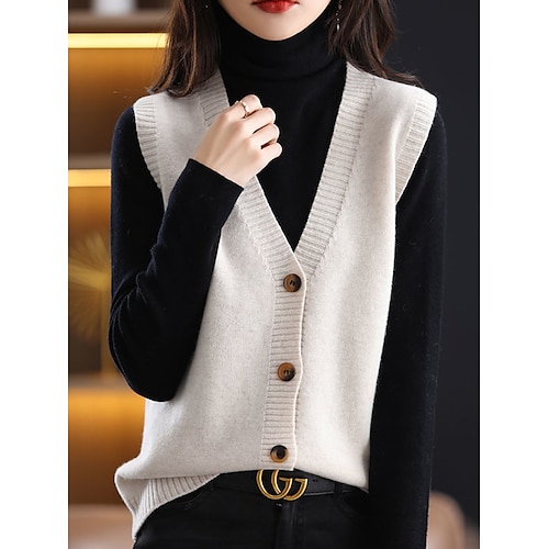 

Women's Sweater Vest Jumper Ribbed Knit Button Pure Color V Neck Stylish Casual Daily Holiday Summer Fall Black Khaki One-Size