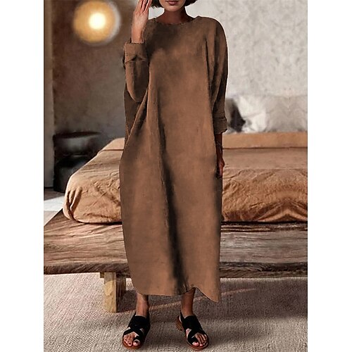 

Women's Casual Dress Linen Dress Midi Dress Linen Classic Casual Outdoor Daily Vacation Crew Neck Ruched Long Sleeve Spring Fall Winter 2023 Loose Fit ArmyGreen Pink Blue Plain S M L XL 2XL