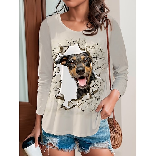 

Mulheres Camiseta Cáqui Cachorro Imprimir Manga Longa Diário Final de semana Diário Básico Decote Redondo Normal Pintura Outono inverno