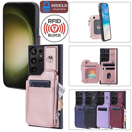 

telefone Capinha Para Samsung Galaxy S23 Ultra Plus S22 S21 A54 A13 Capa para Cartão Wallet Zíper Anti-Roubo com pulseira Retro TPU Couro PU