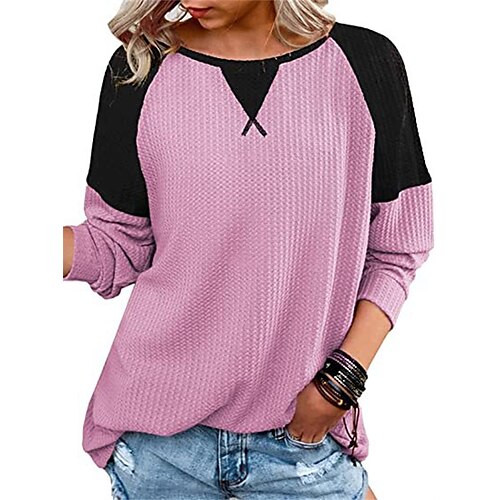 

Damen T Shirt Schwarz Weiß Rote Farbblock Langarm Täglich Wochenende Basic Rundhalsausschnitt Standard Baumwolle S
