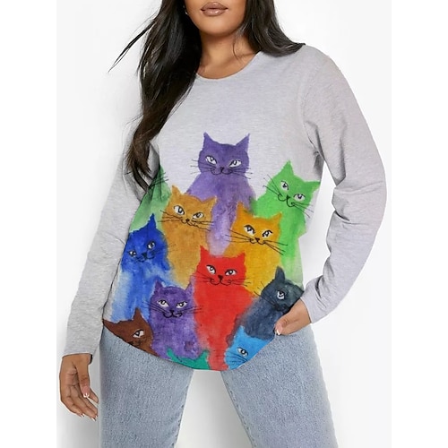 

Women's T shirt Tee White Yellow Pink Cat Print Long Sleeve Daily Weekend Daily Basic Round Neck Regular Fit Cat Painting Fall Winter