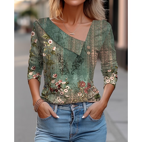 

Mujer Camiseta Rosa Rojo Verde Trébol Floral Botón Estampado Manga Larga Festivos Fin de semana Diario Básico Escote en Pico Ajuste regular Flor Pintura Otoño invierno