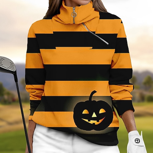 

Jersey de golf para mujer, sudadera de golf Helloween, térmica, cálida, transpirable, absorbe la humedad, manga larga, ropa exterior de golf, ajuste regular, cremallera de 1/4, cuello alto, estampado a rayas, otoño, tenis, golf, pickleball