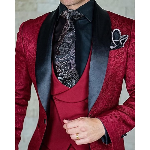 

Vinho Azul Real Verde Escuro Masculino Casamento Baile de Formatura Fato Conjunto de 3 peças Jacquard Floral Moderno Comum 1 Botão 2023