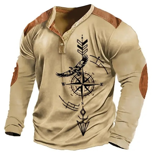 

Graphic Prints Compass Fashion Basic Casual Men's 3D Print Henley Shirt Graphic Tee Vintage Shirt Outdoor Daily Going out T shirt Navy Blue Khaki Army Green Long Sleeve Henley Shirt Spring Summer