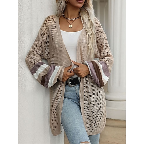 

Mulheres Sueter Cardigan Saltador Estriado Tricotar Túnica Vazado Fino Listrado Abertura Frontal à moda Casual Ao ar livre Diário Verão Outono Cáqui S M L
