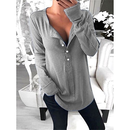 

Femme T shirt Tee Noir Bleu Gris Plein Bouton manche longue du quotidien Fin de semaine basique Col V Standard Automne hiver