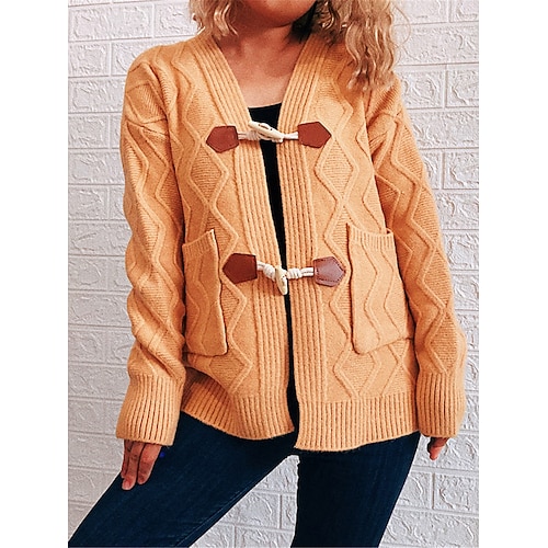 

Women's Cardigan Sweater Jumper Cable Knit Button Pocket Solid Color V Neck Stylish Casual Daily Going out Fall Winter Yellow Pink S M L