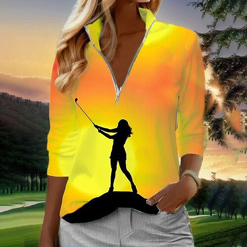 

Femme T-shirt POLO Chemise de golf Respirable Séchage rapide Evacuation de l'humidité manche longue Vêtements de golf Top Standard Zippé Col Montant Imprimé Printemps Automne Tennis Le golf Pickleball