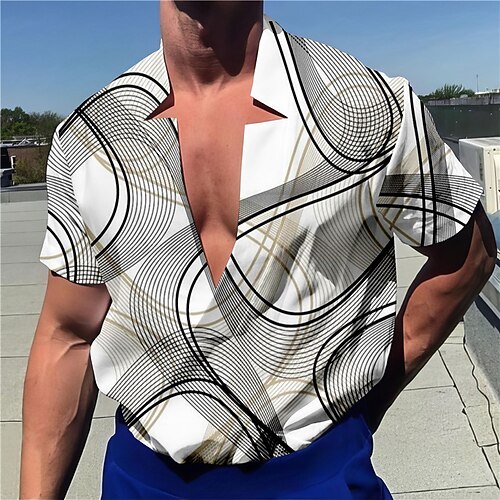 

Hombre Camisa camisa de lino Geometría Lineal Escote en Pico Amarillo Azul Piscina Verde Trébol Gris Exterior Calle Manga Corta Estampado Ropa Lino Moda Ropa de calle Design Casual