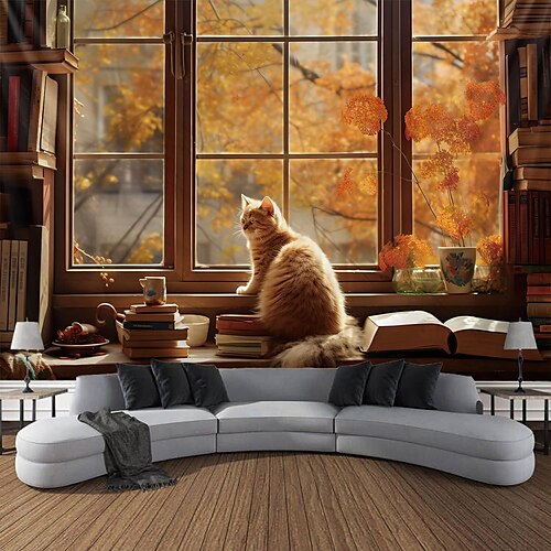 

Autumn Window Cat Hanging Tapestry Wall Art Large Tapestry Mural Decor Photograph Backdrop Blanket Curtain Home Bedroom Living Room Decoration