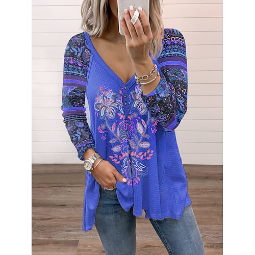 

Mujer Camiseta Rojo Azul Piscina Morado Floral Botón Estampado Manga Larga Festivos Fin de semana Básico Escote en Pico Ajuste regular Flor Pintura Primavera Otoño