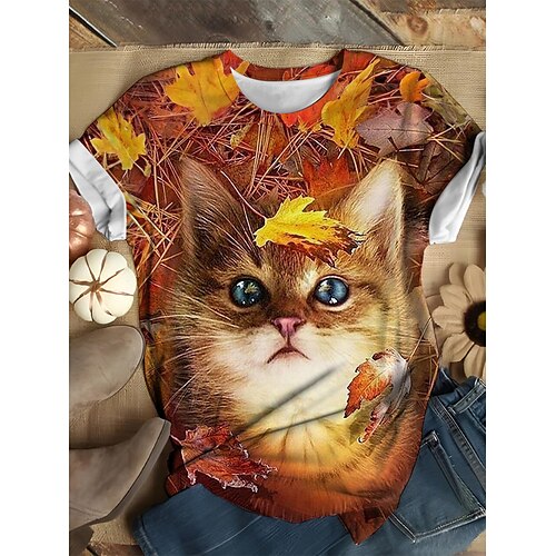 

Femme T shirt Tee Rose Claire Rouge bleu marine Floral Chat Imprimer Manche Courte du quotidien Fin de semaine basique Col V Standard Fleur Chat Peinture