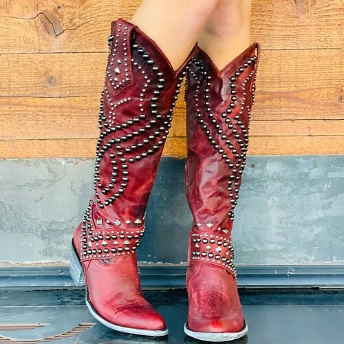 

Mulheres Botas Sapatos vintage Coturnos Botas Cowboy Ao ar livre Diário Botas Longas Inverno Tachas Presilha Salto de bloco Salto Baixo Dedo Apontado Elegante Casual Minimalismo Caminhada Couro