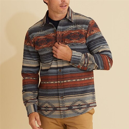 

Homme Chemise Rayé Tribal Imprimés Photos Géométrie Col rabattu Bleu Marron Extérieur Plein Air manche longue Imprimer Vêtement Tenue Mode Vêtement de rue Design Respirable