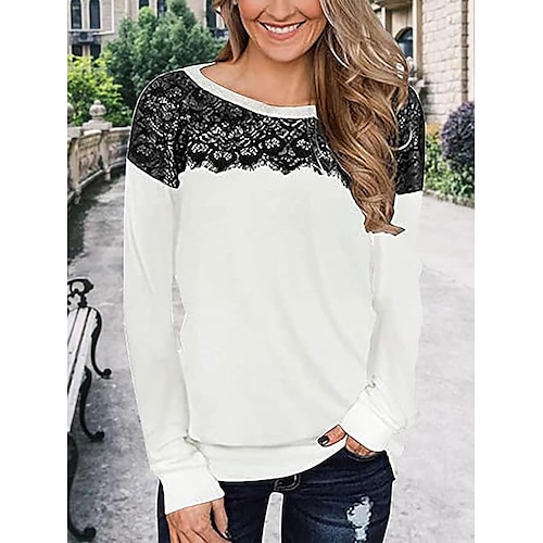 

Femme T shirt Tee Blanche Vin Vert Véronèse Plein Dentelle manche longue du quotidien Fin de semaine du quotidien basique Col Rond Standard Automne hiver