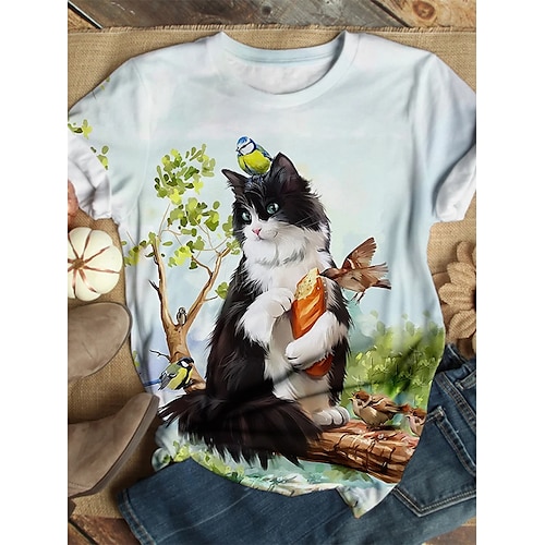 

Damen T Shirt Blau Katze Bedruckt Kurzarm Täglich Wochenende Basic Rundhalsausschnitt Standard Regular Fit Katze Farbe