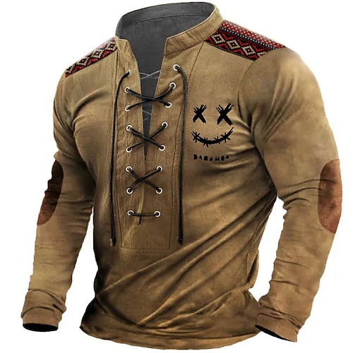 

Men's Henley Shirt Graphic Tee Vintage Shirt Fashion Designer Casual Shirt Color Block Graphic Prints Long Sleeve Shirt Black Blue Brown Outdoor Daily Wear Vacation Henley Spring Fall Clothing