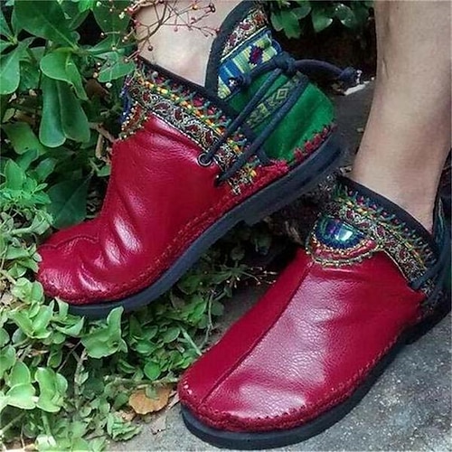 

Women's Boots Plus Size Comfort Shoes Outdoor Daily Booties Ankle Boots Winter Flat Heel Round Toe Vintage Fashion Casual Faux Leather Loafer Color Block Red Blue Brown