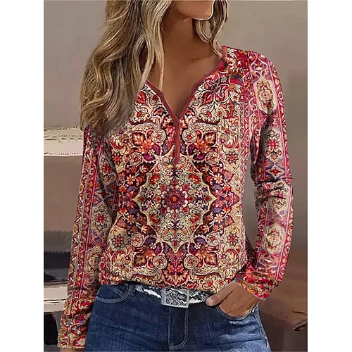 

Mulheres Camiseta Vermelho Floral Botão Imprimir Manga Longa Feriado Final de semana Diário Básico Decote V Normal Tema Flores Pintura Outono inverno