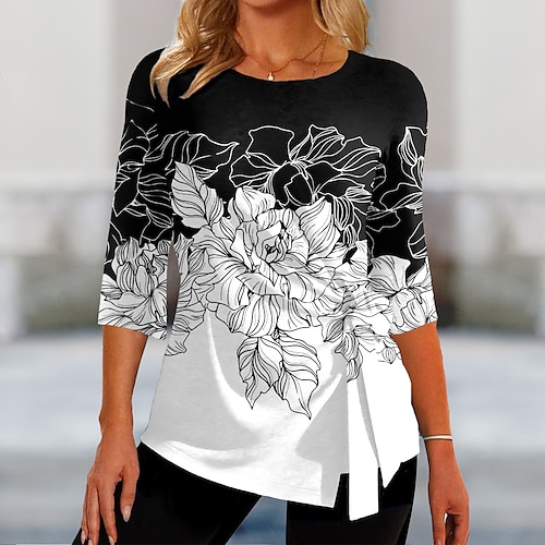 

Mulheres Camiseta Preto Azul Roxo Floral Imprimir Meia Manga Diário Final de semana Moda Básico Elegante Decote Redondo Normal Tema Flores Pintura