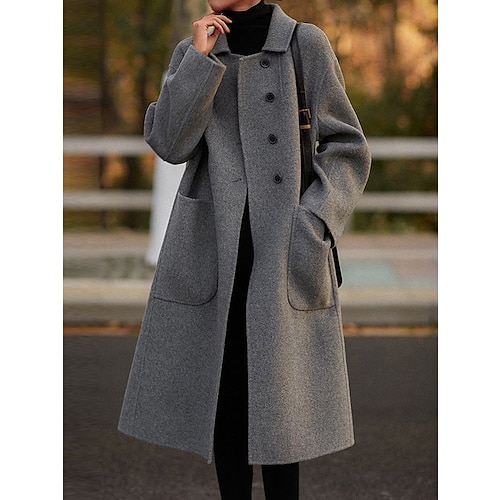 

Women's Coat Fall Winter Elegant Single Breasted Long Wool Coat Overcoat Warm Windproof Pea Coat Treanch Coat with Pockets Stylish Modern Style Long Sleeve Plain Oversize Black Camel Gray