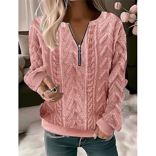 

Women's Sweatshirt Pullover Textured Flannel Fuzzy Teddy Quarter Zip White Pink Blue Solid Color Street Casual V Neck Long Sleeve Top Micro-elastic Fall & Winter