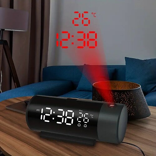 

1 pessoa despertador led 180 projetor carregador usb sensor de temperatura alarme duplo para idosos - cabo de carga incluído