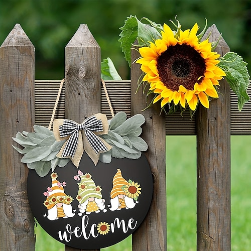 

Coronas de bienvenida, letrero de decoración, puerta de entrada, letrero colgante de madera redondo con lazo de cinta y hojas verdes artificiales, decoraciones de porche de granja para el hogar,