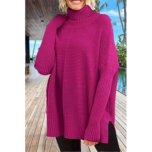 

Damen Pullover Strickwaren Gerippt Stricken Gespleisst Feste Farbe Rollkragen Stilvoll Brautkleider schlicht Outdoor Heim Herbst Winter Schwarz Weiß Wein S