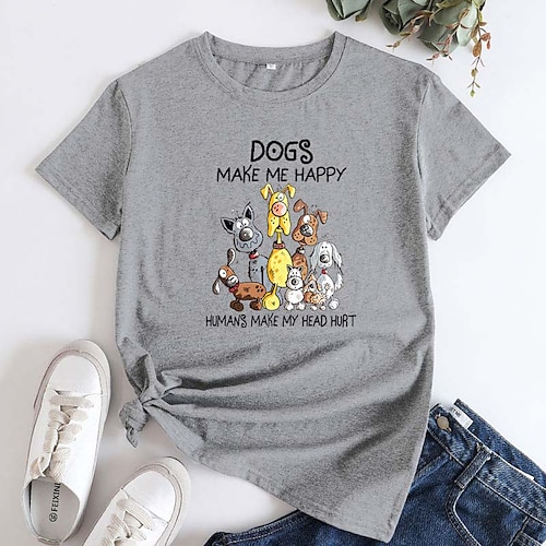Per donna maglietta Con cagnolino Manica corta Giornaliero Essenziale Stondata Standard Cotone S