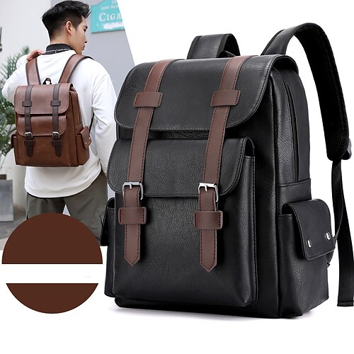 

Men's Backpack Commuter Backpack School Daily Solid Color PU Leather Adjustable Large Capacity Waterproof Zipper Black Brown khaki