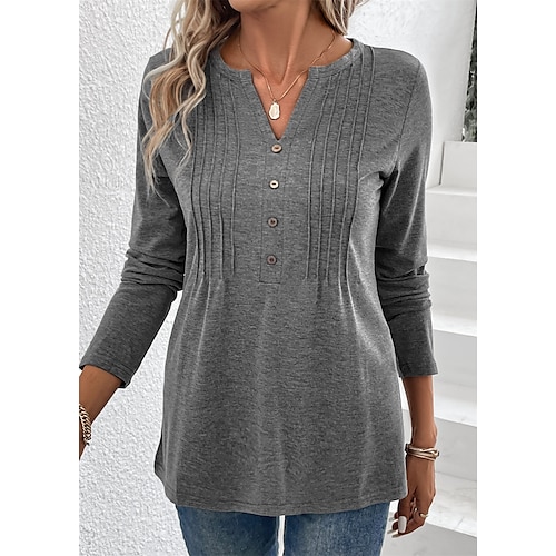 

Mujer Camiseta Gris Plano Botón Manga Larga Diario Fin de semana Básico Escote en Pico Ajuste regular Primavera Otoño