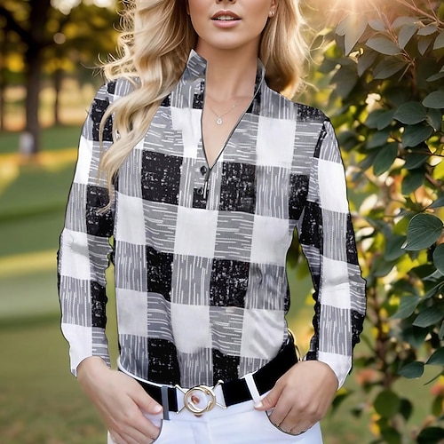 

Femme T-shirt POLO Chemise de golf Respirable Séchage rapide Evacuation de l'humidité manche longue Vêtements de golf Top Standard Zippé Col Montant Plaid Printemps Automne Tennis Le golf Pickleball