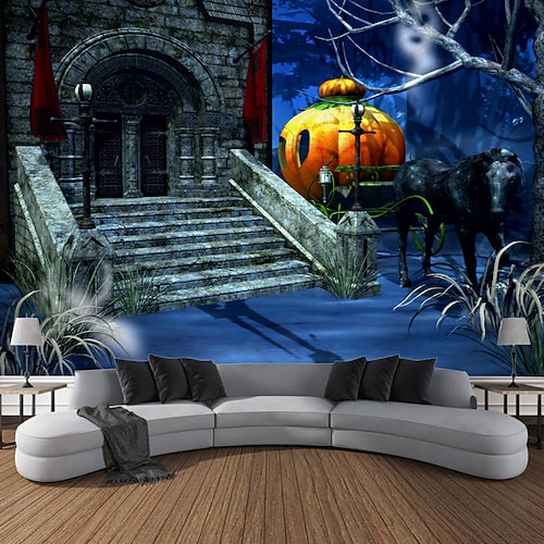 

Halloween Hanging Tapestry Wall Art Large Tapestry Mural Decor Photograph Backdrop Blanket Curtain Home Bedroom Living Room Decoration Terrifying Pumpkin Monster Cat Haunted House