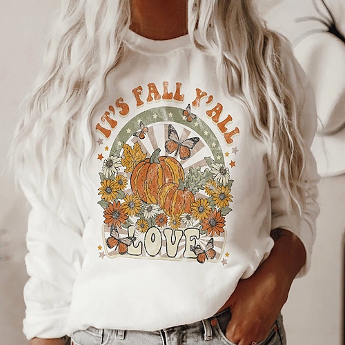 

Mujer Pull-over Sudadera de Halloween Básico Blanco Floral Mariposa Calabaza Víspera de Todos los Santos Escote Redondo Manga Larga Top Microelástico Otoño Otoño invierno