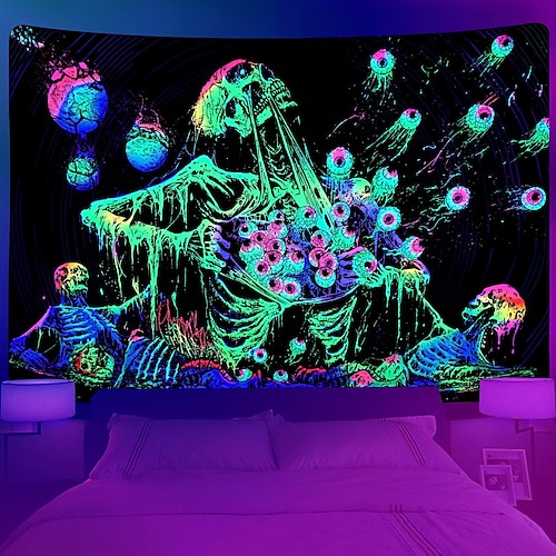 

Black UV Reactive Halloween Tapestry, Skull Tapestry Wall Hanging ,Art Decor Blanket Curtain Picnic Tablecloth Hanging Bedroom Living Room Dorm Decoration