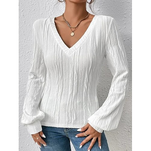 

Damen T Shirt Weiß Glatt Langarm Täglich Wochenende Basic V Ausschnitt Regular Fit Frühling Herbst