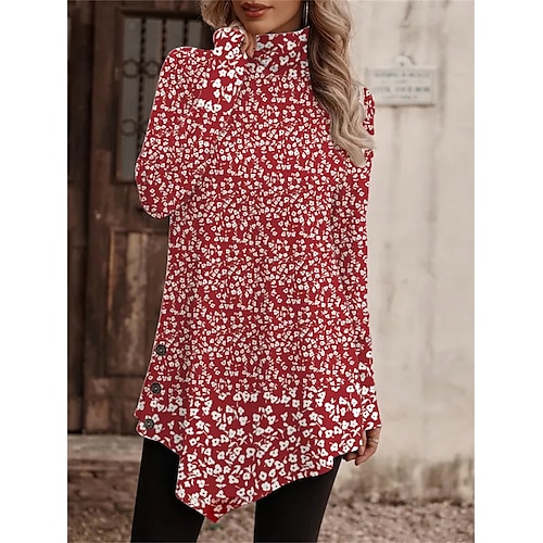 

Damen T Shirt Rote Blumen Asymmetrisch Bedruckt Langarm Festtage Wochenende Basic Stehkragen Blume Farbe