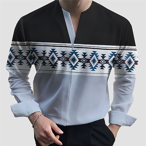 

Men's Shirt Tribal Graphic Prints Vintage Geometry V Neck Blue Green Khaki Gray Outdoor Street Long Sleeve Print Clothing Apparel Fashion Streetwear Designer Casual