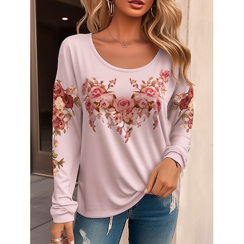 

Damen T Shirt Rosa Blumen Bedruckt Langarm Festtage Wochenende Basic Rundhalsausschnitt Regular Fit Blume Farbe