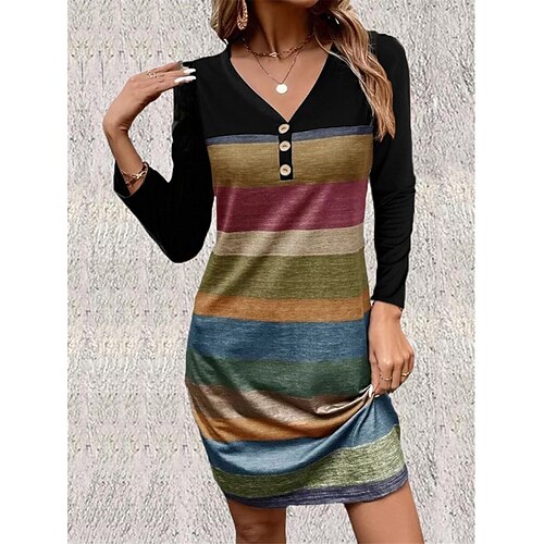 

Mulheres Vestido casual Vestido T shirt Vestido estampado Arco-Íris Listra Botão Imprimir Decote V Minivestido Moda Roupa de rua Ao ar livre Encontro Manga Longa Normal Arco-íris Primavera Outono S M