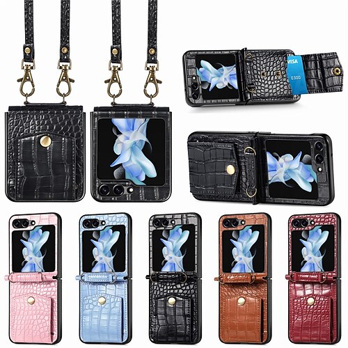 

telefone Capinha Para Samsung Galaxy Z Flip 5 Z Flip 4 Bolsa Bolsa Anti-Roubo com alça transversal removível Slots de suporte de cartão Estampas de Couro de Crocodilo PC Couro PU