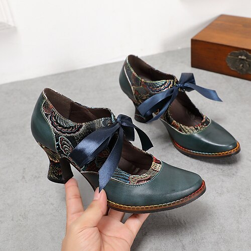 

Damen Absätze Handnähen Vintage-Schuhe Boho Party Outdoor Täglich Sommer Konischer Absatz Runde Zehe Urlaub Kuschelig Elegant Leder Schnalle Farbblock Dunkelblau Hellblau