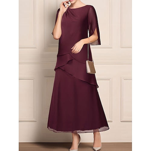 

Women's Work Dress Sheath Dress Chiffon Dress Fashion Long Dress Maxi Dress Ruched Layered Crew Neck Half Sleeve Plain Loose Fit Wine Summer Spring S M L XL XXL